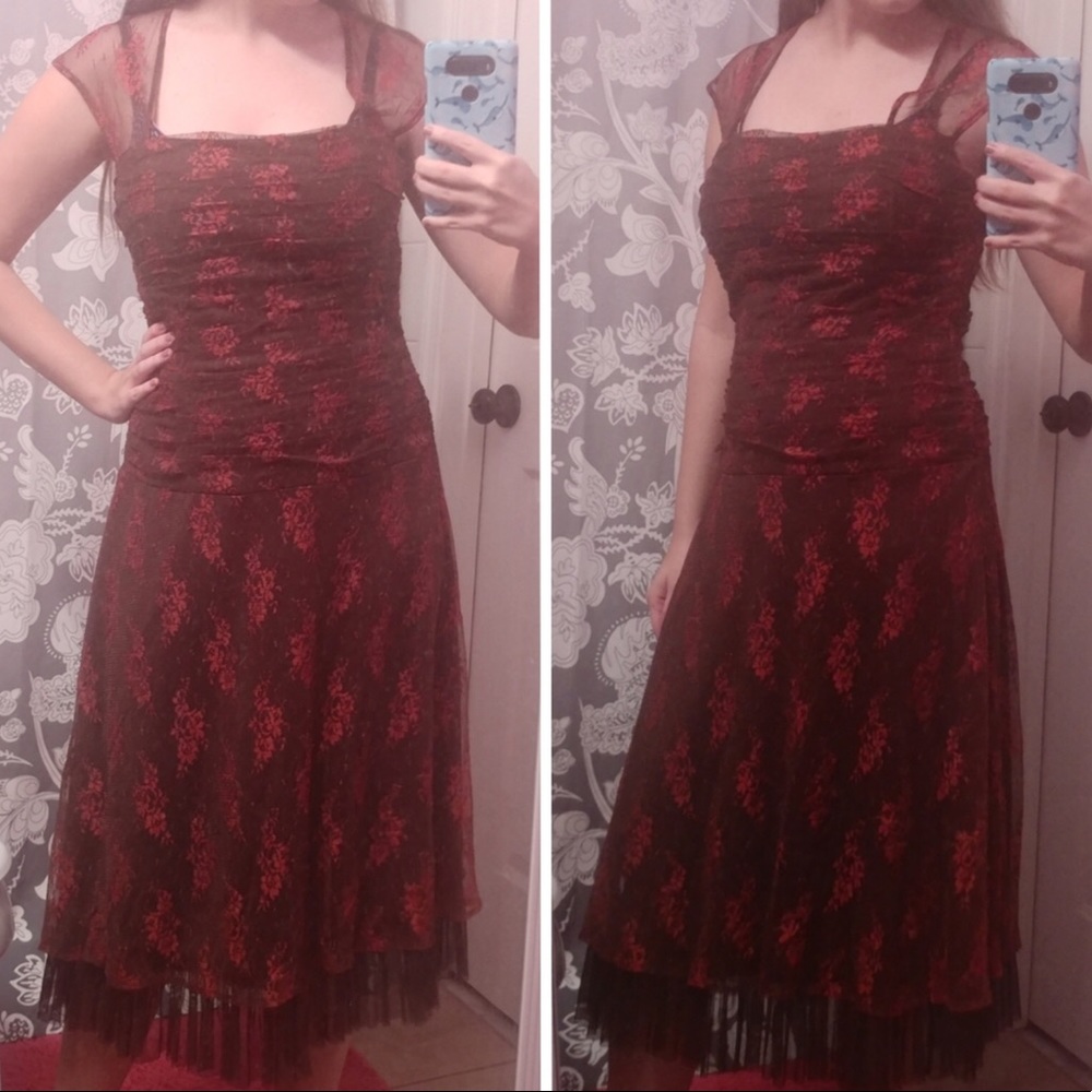 SANGRIA Size4 Brown Pink Lace Ruffle Vintage Dress